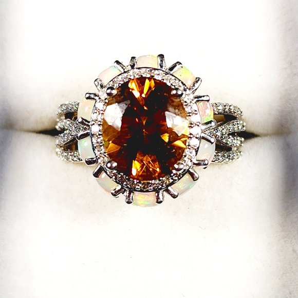 Premium Golden Scapolite, Welo Opal & Zircon fancy halo ring in Plat/925 4.85ct - Picture 1 of 6